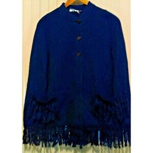 Women’s Large Vintage Fringe Shaw Sleeveless Navy Blue 100% acrylic Orlon